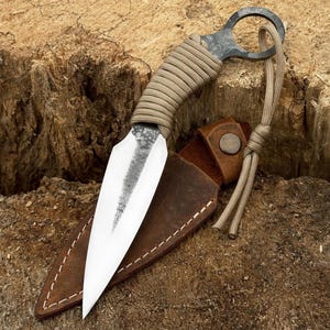Throwing Knife – Hand-Forged 52100 Steel with Paracord Wrapped Handle – Leather Sheath Included – Unsharpened Knife for Outdoor Practice.
