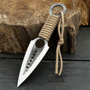 Hand-Forged Throwing Knife – 52100 Steel Blade with Paracord Wrapped Handle and Leather Cover – Balanced Custom Knife for Outdoor Practice.