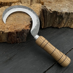 Hand-Forged Garden Sickle with Leather Cover – Carbon Steel Blade with Ash Handle – Tool for Harvesting, Clearing Overgrowth and Herbalism.