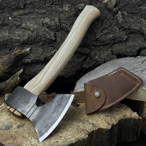 Wood Carving Axe with Leather Cover – Hand-Forged 52100 Carbon Steel Blade & Ash Wood Handle – Carving Hatchet for Shaping and Roughing Wood