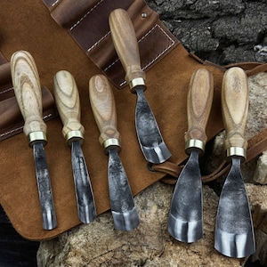 Hand-Forged Bent Gouges – 52100 Steel Blades with Ash Wood Handles – Single Gouge or Set with Leather Roll – Wood Carving & Shaping Tools.
