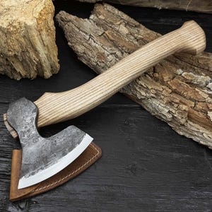 Hand-Forged Carving Axe with Leather Cover – 52100 Carbon Steel Blade & Ash Handle – Hatchet for Wood Carving, Spoon and Bowl Carving Axe.