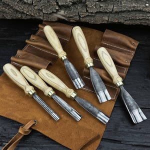 Hand-Forged Wood Carving Gouges – 52100 Steel Blades with Ash Handles and Leather Roll – Spoon & Bowl Carving Gouge – for Precision Carving