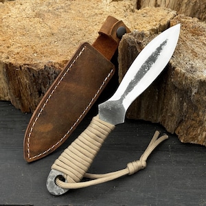 Throwing Knife with Leather Cover – Hand-Forged 52100 Steel Blade with Paracord Wrap Handle – Unsharpened Ninja Knife for Outdoor Practice.