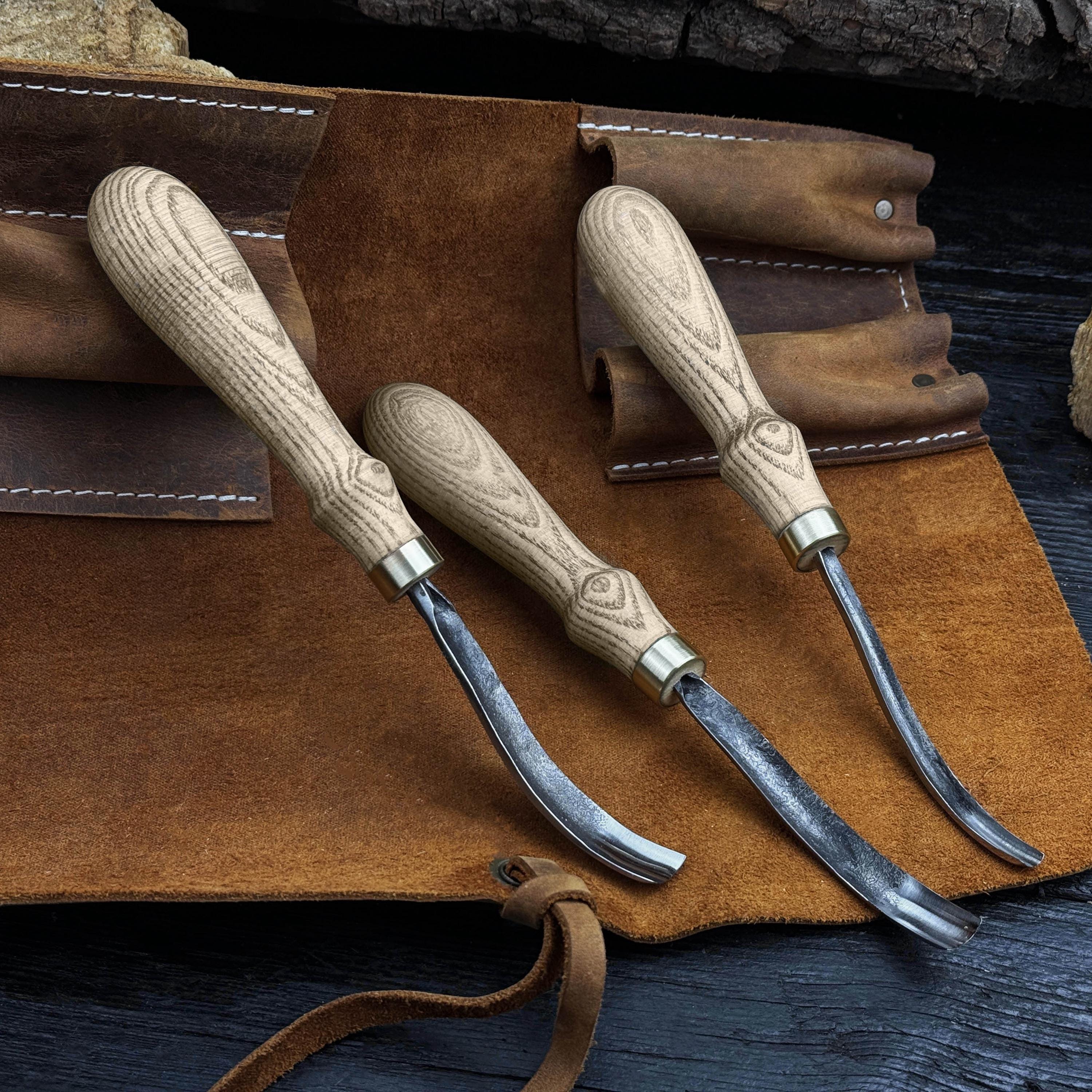 3-Piece Bent Gouge Set with Leather Roll – Hand-Forged 52100 Carbon Steel Blade & Ash Handle – Curved Gouges for Spoon and Bowl Wood Carving