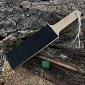 Asentador artesanal de cuero para cuchillos y cinceles, de madera de roble y cuero genuino, asentador de afilar y asentador de paleta de cuero.