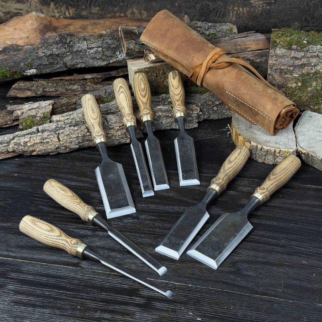 Bevel Edge Chisels With Leather Roll – Hand-forged 52100 Steel Blades ...