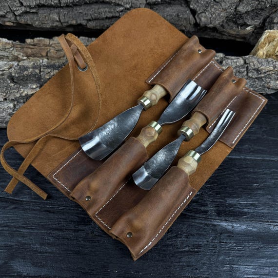 Hand-Forged Bent Gouges – 52100 Steel Blades with Ash Wood Handles – Choose Single Gouge or Full Set with Leather Roll – Spoon Carving Tools