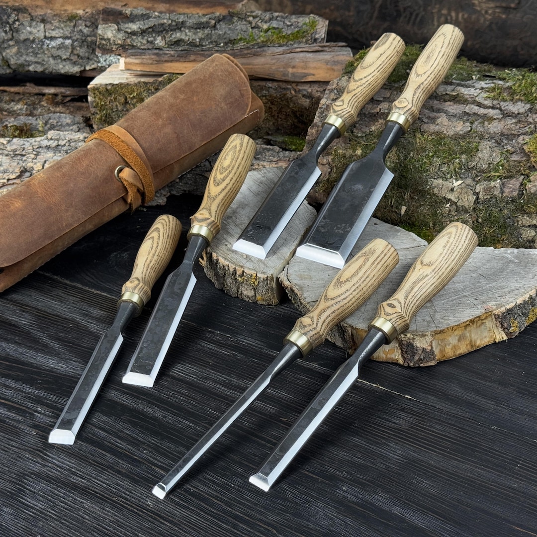 Hand-forged Carving Chisels – 52100 Steel Blades, Ash Handles, Leather ...