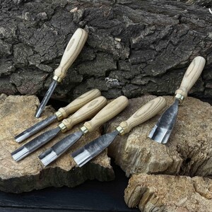 Set De Gouges Cuillère Forgées à La Main - Lames Acier 52100, Manches En Frêne, Rouleau Cuir