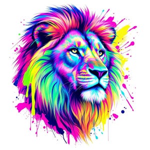 Lion Tshirt Design, Neon colored lion design, wall art, home design, clothing design, tshirt, sweatshirt art, AI lion art