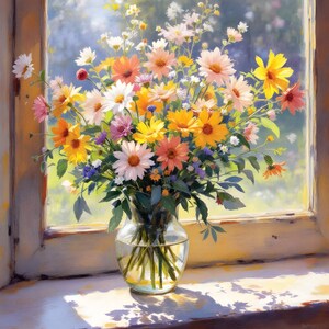 Vase de fleurs nature morte à télécharger, impression d'art numérique, style campagnard, scène florale de noyau de pays, décoration intérieure, maison de campagne
