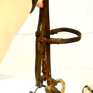 May include: A vintage brown leather horse bridle with metal hardware. The bridle is held up by a hand with a black wristband. The bridle has a curved browband and a rope-like section near the bit.