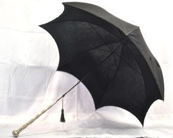Antique Engraved Sterling Silver Handle Umbrella Walking Stick, Original Black Canopy and Wrist Tassel, Victorian Art Deco Cane, 40.5 in