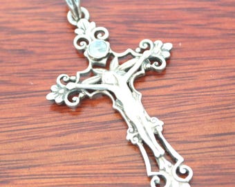 Sterling Silver Jesus on Crucifix Pendant with Moonstone Accent