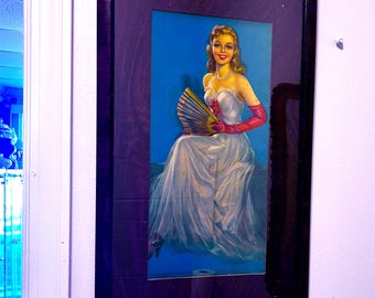 Framed Calendar Girl Lithograph: 1946 Vintage Fashion Art
