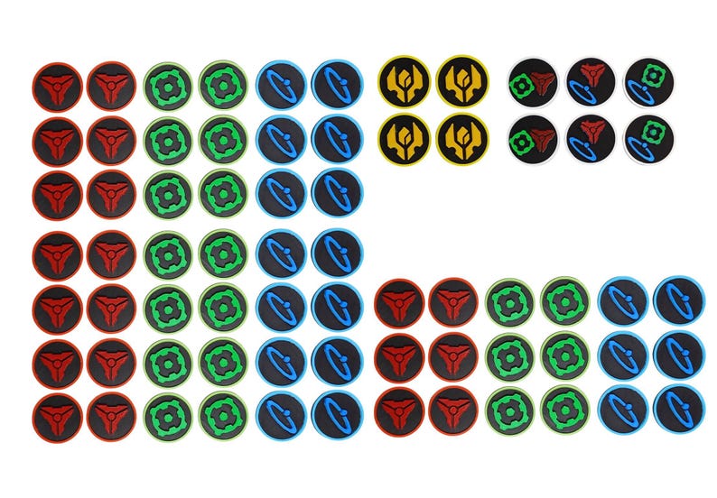 May include: A collection of circular game tokens featuring various graphic icons in red, green, blue, and yellow. The set includes multiple rows of tokens with distinct symbols, including triangular, square, and orbital designs on black backgrounds.