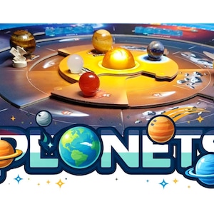 May include: A board game called "Planets" with a circular game board and planet-shaped pieces in different colours. The board has a space theme, with the text "SETI" and "Officially Licensed" visible.