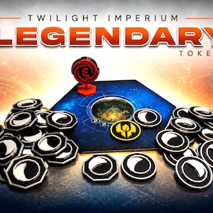 May include: A collection of Twilight Imperium Legendary Token game components including a blue square tile with a central planet graphic, a red stand-up token, a yellow circular token, and numerous black and silver octagonal tokens.