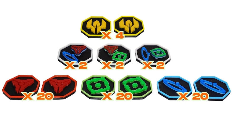 May include: A collection of octagonal game tokens featuring black centers with colored borders and raised symbols in red, green, blue, and yellow. The set includes various quantities labeled with orange X4, X2, and X20 text markers throughout.