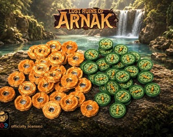 May include: A collection of game tokens for Lost Ruins of Arnak, featuring a group of circular orange textured coins and a group of circular green compass tokens with gold-colored center details, arranged on a dark stone surface.
