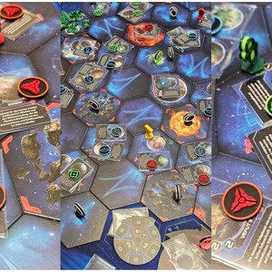 May include: A space-themed board game featuring hexagonal tiles with illustrations of planets, stars, and nebulae. The game includes various plastic player tokens in red, green, blue, and yellow, along with rectangular cards containing German text.