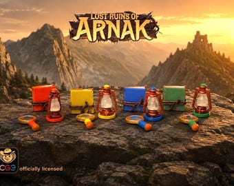 May include: A set of Lost Ruins of Arnak game components featuring four miniature lanterns, four magnifying glasses, and four small books in red, yellow, blue, and green colors, arranged on a rocky surface against a mountain landscape background.