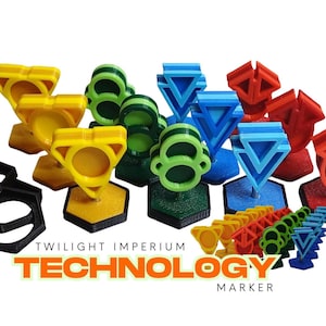 Puede incluir: Una colección de piezas de juego coloridas impresas en 3D, que incluyen formas amarillas, verdes, azules y rojas. El texto "TWILIGHT IMPERIUM TECHNOLOGY MARKER" se muestra en naranja y blanco. Las piezas están diseñadas para un juego de mesa.