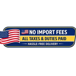 May include: A rectangular blue badge with rounded corners featuring a waving American flag on the left and a smaller flag icon. The text reads NO IMPORT FEES, ALL TAXES & DUTIES PAID, and HASSLE-FREE DELIVERY in white and yellow lettering.