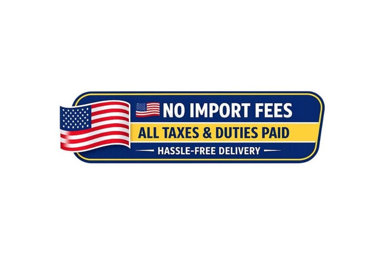 May include: A rectangular blue badge with rounded corners featuring a waving American flag on the left and a smaller flag icon. The text reads NO IMPORT FEES, ALL TAXES & DUTIES PAID, and HASSLE-FREE DELIVERY in white and yellow lettering.