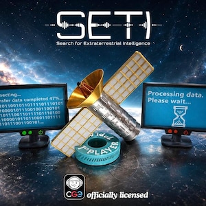 May include: A SETI Search for Extraterrestrial Intelligence game set featuring a silver satellite model, two computer monitors displaying data transfer and processing text, a teal 1st player token, and a CGE officially licensed logo.