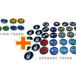 May include: A collection of round game tokens including exploration tokens with various colored icons and upgrade tokens featuring numerical values and symbols. A large orange plus sign separates the two groups, labeled EXPLORATION TOKEN and UPGRADE TOKEN.