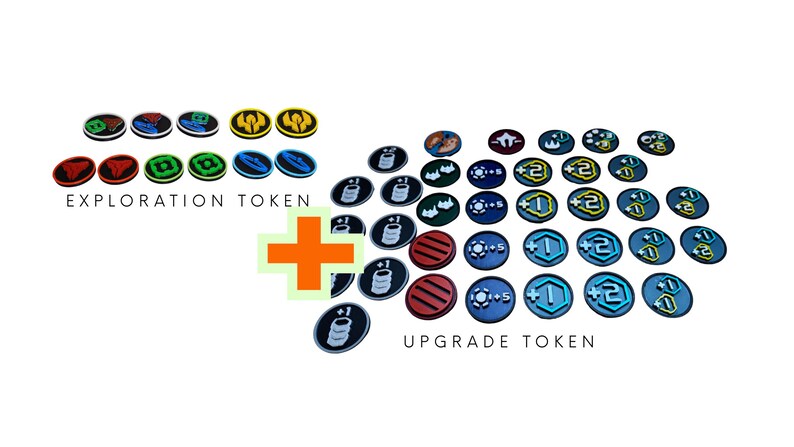 May include: A collection of round game tokens including exploration tokens with various colored icons and upgrade tokens featuring numerical values and symbols. A large orange plus sign separates the two groups, labeled EXPLORATION TOKEN and UPGRADE TOKEN.