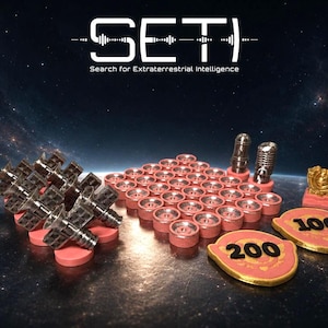 May include: A board game set titled SET Search for Extraterrestrial Intelligence featuring metallic silver satellite miniatures, pink circular tokens, two silver microphone-shaped pieces, a gold trophy, and two pink tokens marked 100 and 200.