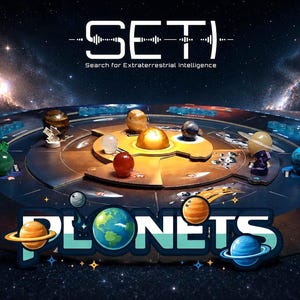 May include: A board game titled SETI Search for Extraterrestrial Intelligence and PLONETS featuring a circular game board with various colored spherical planet tokens, small white satellite figures, and blue translucent components on a dark space background.