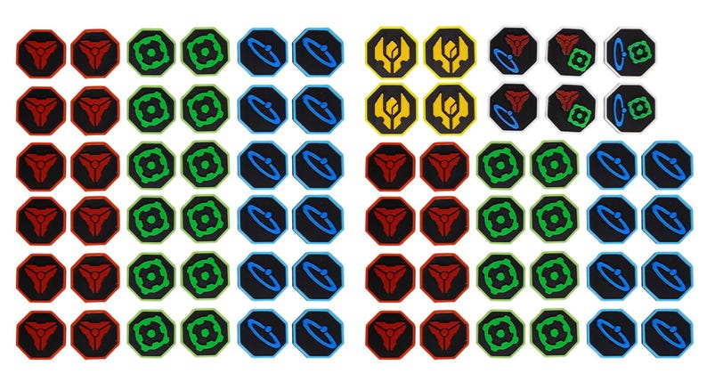 May include: A collection of small octagonal tokens arranged in rows and columns. The tokens feature black backgrounds with various graphic symbols in red, green, blue, and yellow, including stylized shapes, rings, and geometric patterns.