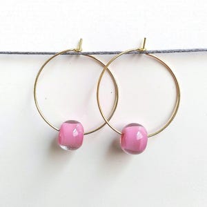 Glass earrings hoops pink, handmade glass beads