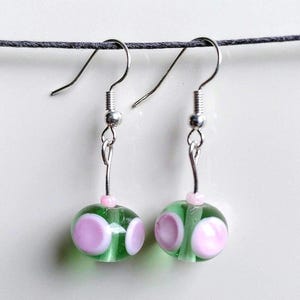 Glass earrings &quot;Ufo&quot; green pink handmade glass beads