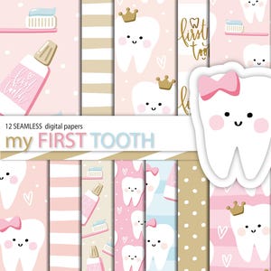 Papier numérique FIRST TOOTH pour fille avec du dentifrice, une brosse, une couronne et un noeud pour créer une décoration de fête ou une tenue à motifs rose bébé et kaki doré