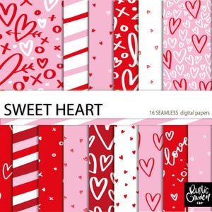 Kit carta digitale SWEET HEART per San Valentino. Motivi a forma di cuore, amore, strisce, pois nei colori rosa, rosso e bianco.