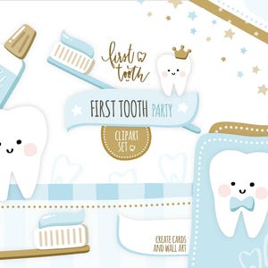 Clipart PREMIÈRE DENT de bébé garçon. Clipart de fête pour créer des cartes, des invitations, des décorations murales de dentiste. Dents avec couronne, dentifrice, brosse à dents.