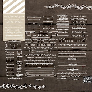 May include: A set of 117 hand-drawn dividers, borders, and arrows in white on a brown wood background. The dividers include floral, geometric, and simple line designs. The text "Dividers" and "Instant Download PNG Files" is included in the image.