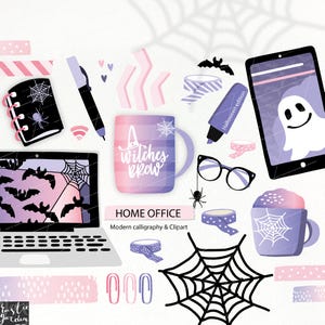 Op de afbeelding: Een verzameling Halloween-thema home office clipart met een paarse mok met de tekst "A Witches Brew", een laptop met een spinnenweb en vleermuizen, een spook op een tablet, een spin en washi tape.