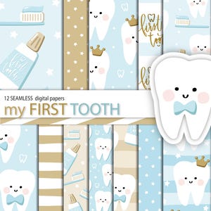 Papier numérique FIRST TOOTH Boy avec du dentifrice, une brosse, une couronne et un noeud pour créer une décoration de fête ou une tenue. Motifs bleu ciel et or.