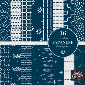 May include: 16 seamless digital papers featuring Japanese patterns in white on a dark blue background. The patterns include geometric shapes, lines, and dots.