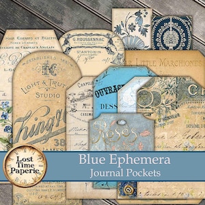 Blue Ephemera Junk Journal Kit, Printable Ephemera, Pockets, Ephemera, Junk Journal, Tags, Labels, Vintage Inspired, Blue Pockets