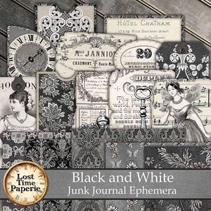 Efímeras en blanco y negro, páginas de diario basura, efímeras imprimibles, bolsillos, efímeras, diario basura, etiquetas, bolsillos, inspiración vintage