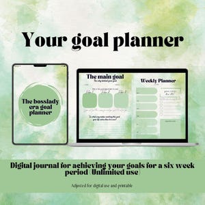 May include: A digital goal planner with a green watercolor background. The planner includes sections for a main goal, weekly planning, and a bosslady era goal planner.