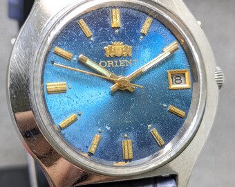 Reloj de caballero vintage Orient de cuerda manual con fecha, movimiento No. 48320A, fabricado en Japón, envío gratuito.