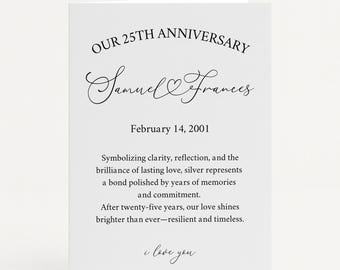Tarjeta de 25.º aniversario, regalo de aniversario de plata para esposa o esposo, recuerdo de boda personalizado, idea de regalo de 25 años de matrimonio para ella o él.